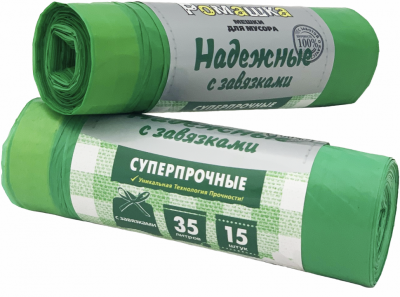 Мешки для мусора Ромашка Надежные суперпрочные с завязками, цвет зеленый, 35л, 15 шт