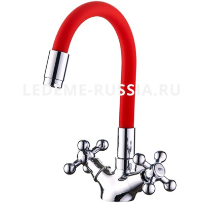 Смеситель для кухни с гибким изливом Ledeme L1319-1 двухвентильный, хром / красный